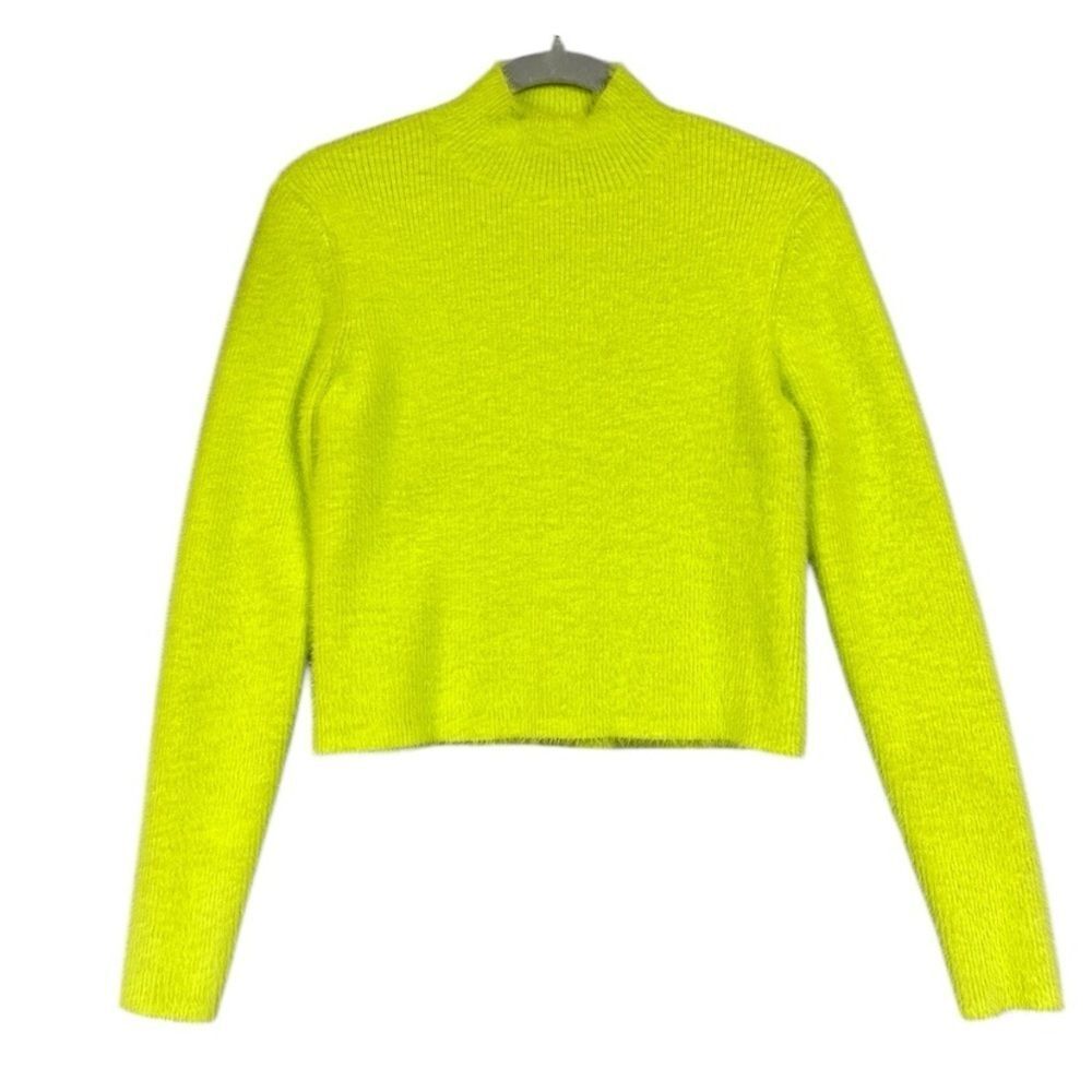 h:ours Neon Mabel Green Fuzzy Mock Neck Knit Sweater Size S